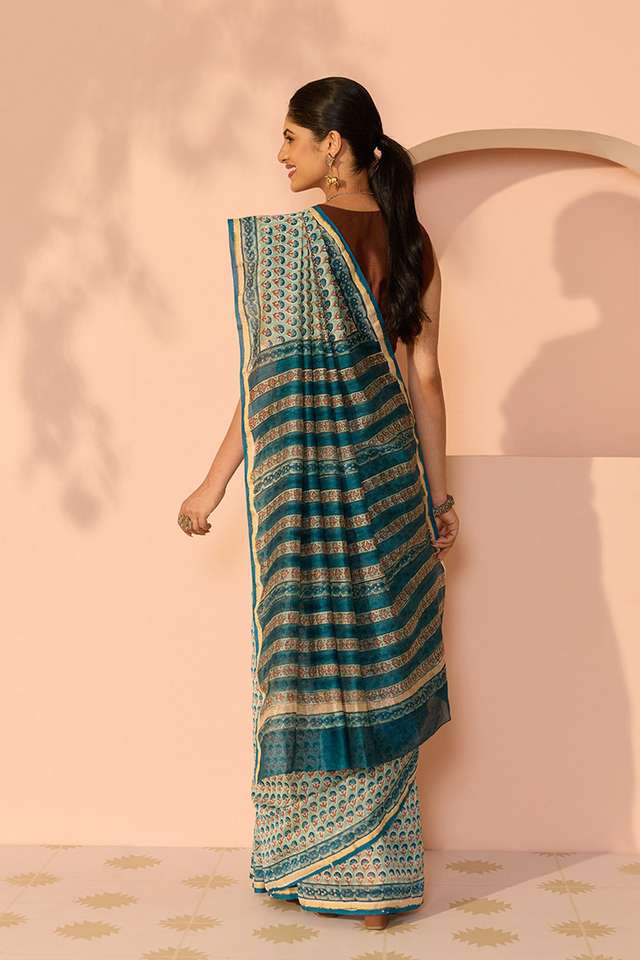Blue Rajasthan Pure Silk Cotton Printed Sanganeri Saree thumbnail image number null