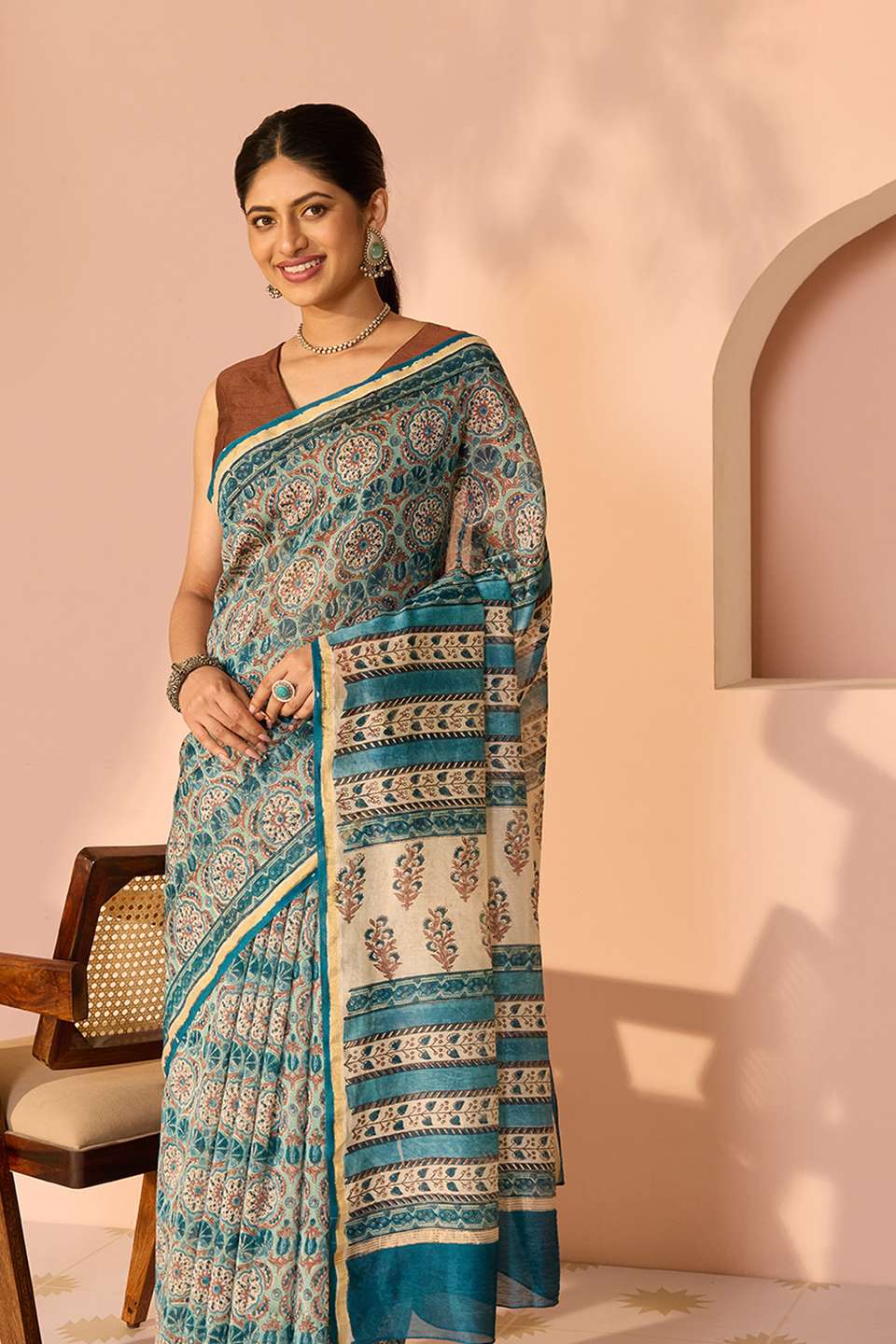 Blue Rajasthan Pure Silk Cotton Printed Sanganeri Saree