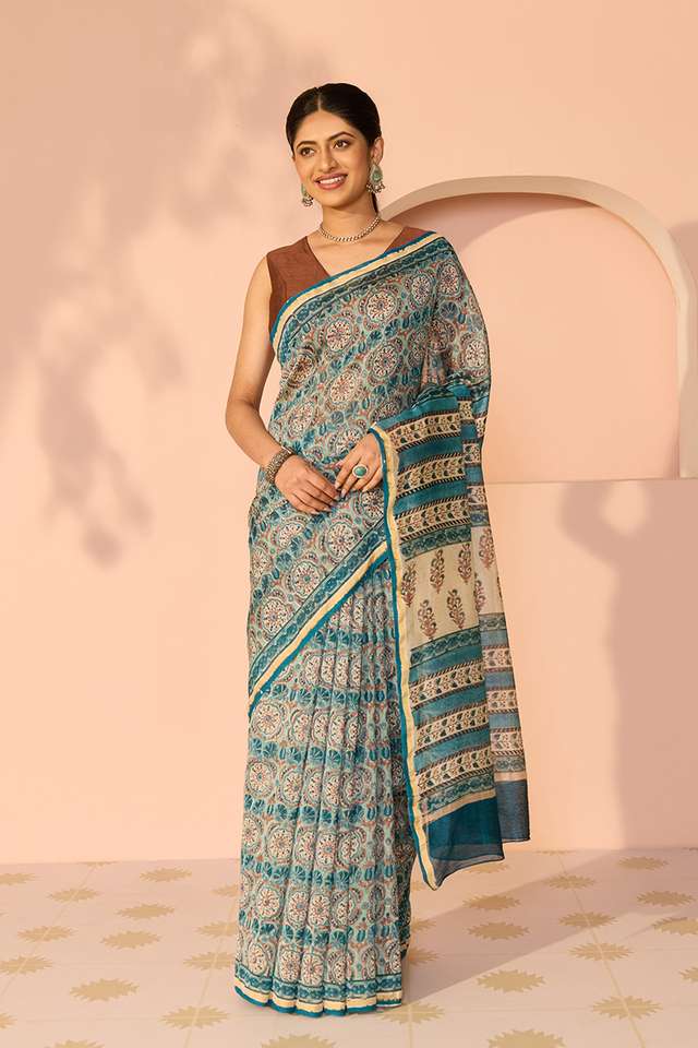 Blue Rajasthan Pure Silk Cotton Printed Sanganeri Saree thumbnail image number null