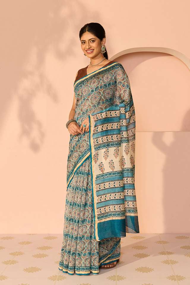 Blue Rajasthan Pure Silk Cotton Printed Sanganeri Saree thumbnail image number null