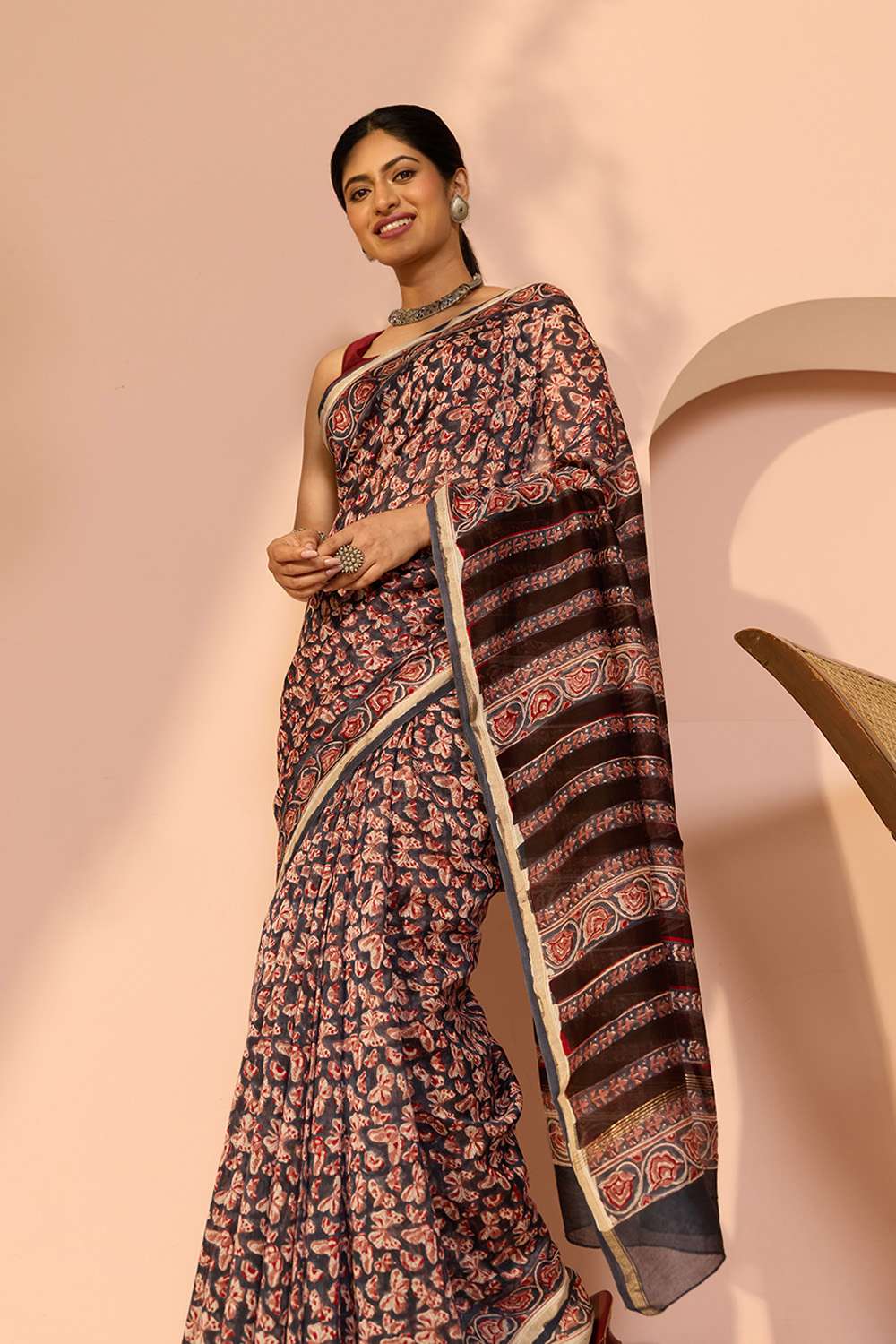 Dark Blue Rajasthan Pure Silk Cotton Printed Sanganeri Saree image number null