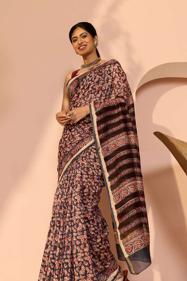 Dark Blue Rajasthan Pure Silk Cotton Printed Sanganeri Saree image number