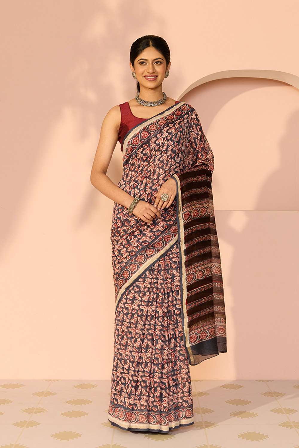 Dark Blue Rajasthan Pure Silk Cotton Printed Sanganeri Saree image number null