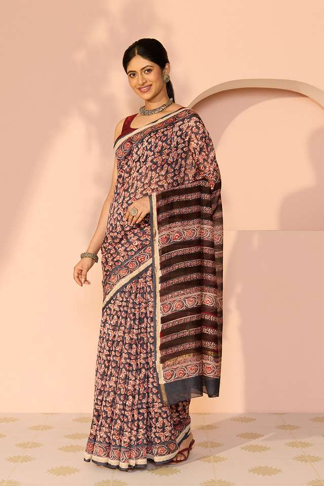 Dark Blue Rajasthan Pure Silk Cotton Printed Sanganeri Saree thumbnail image number null