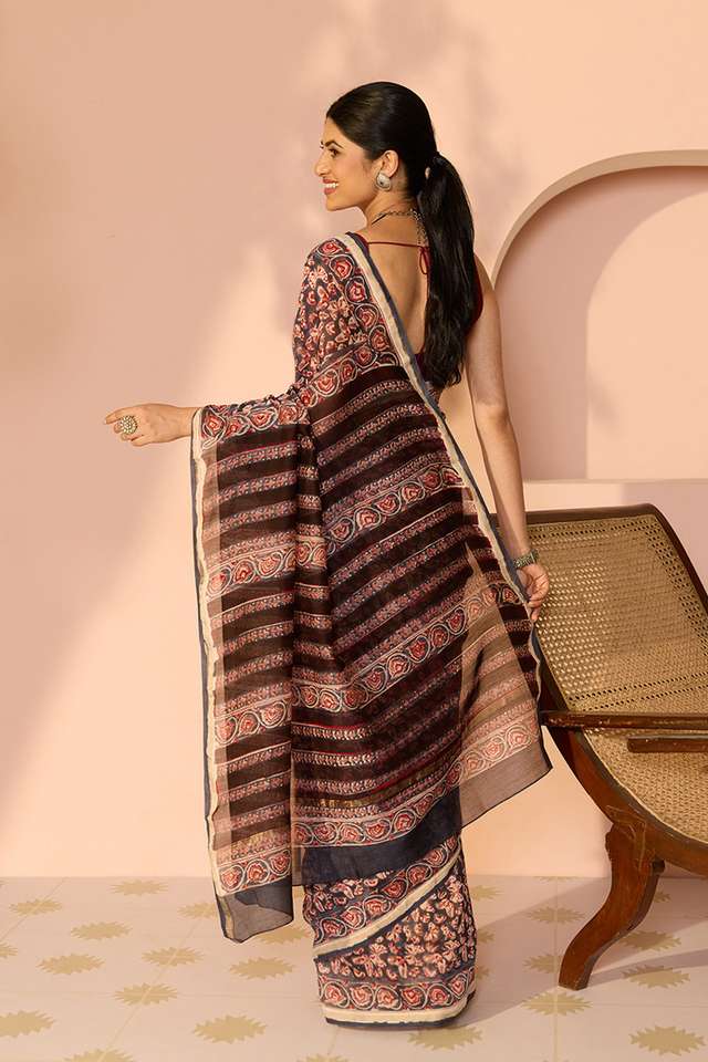 Dark Blue Rajasthan Pure Silk Cotton Printed Sanganeri Saree thumbnail image number null