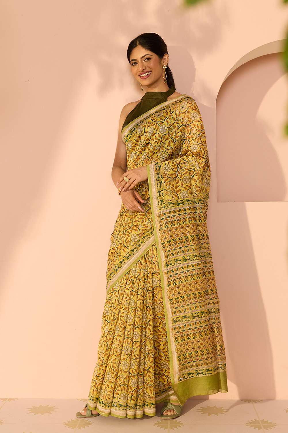 Yellow Rajasthan Pure Silk Cotton Printed Sanganeri Saree image number null