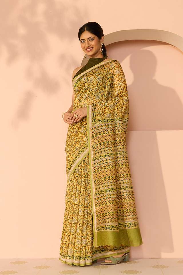 Yellow Rajasthan Pure Silk Cotton Printed Sanganeri Saree thumbnail image number null