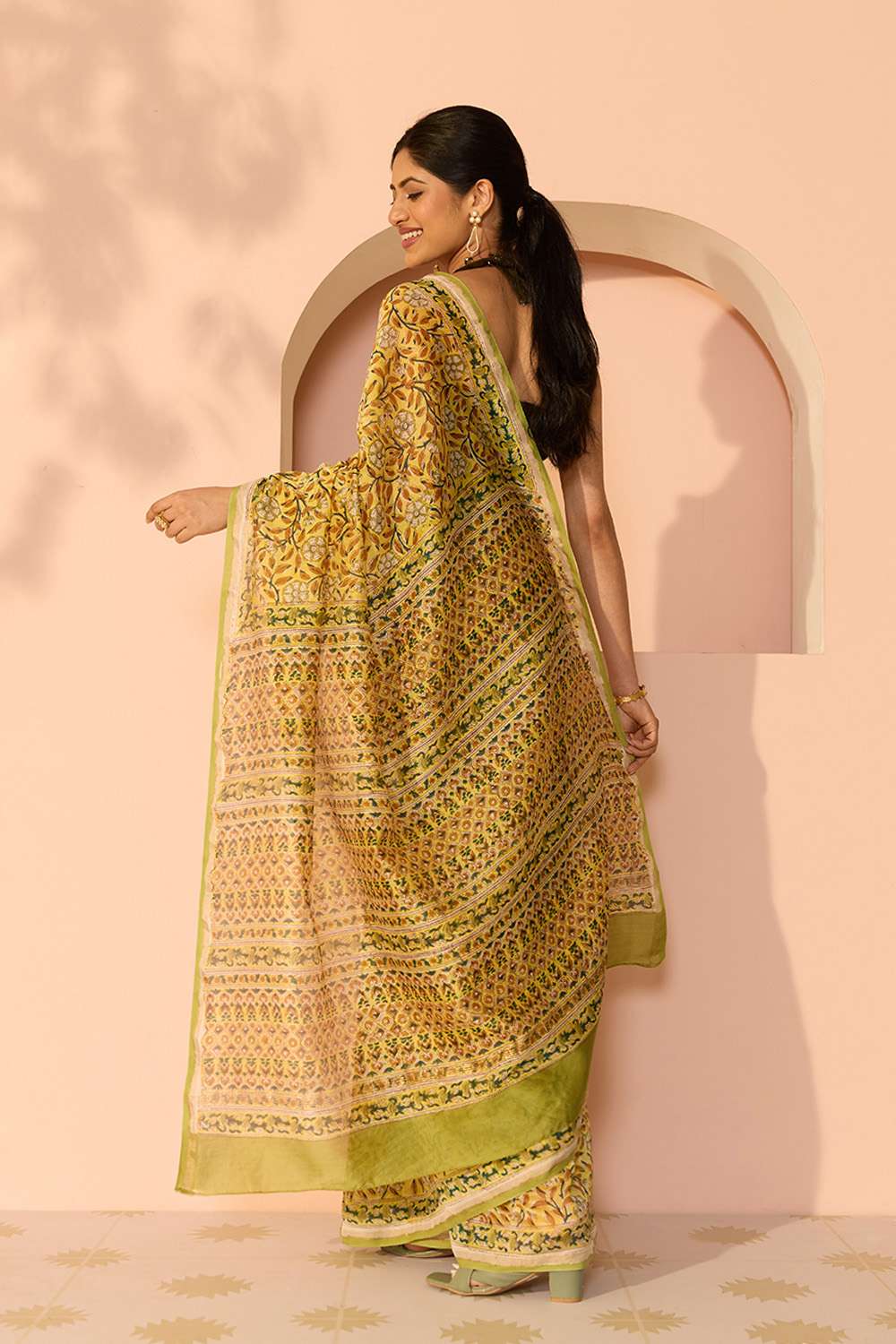 Yellow Rajasthan Pure Silk Cotton Printed Sanganeri Saree image number null