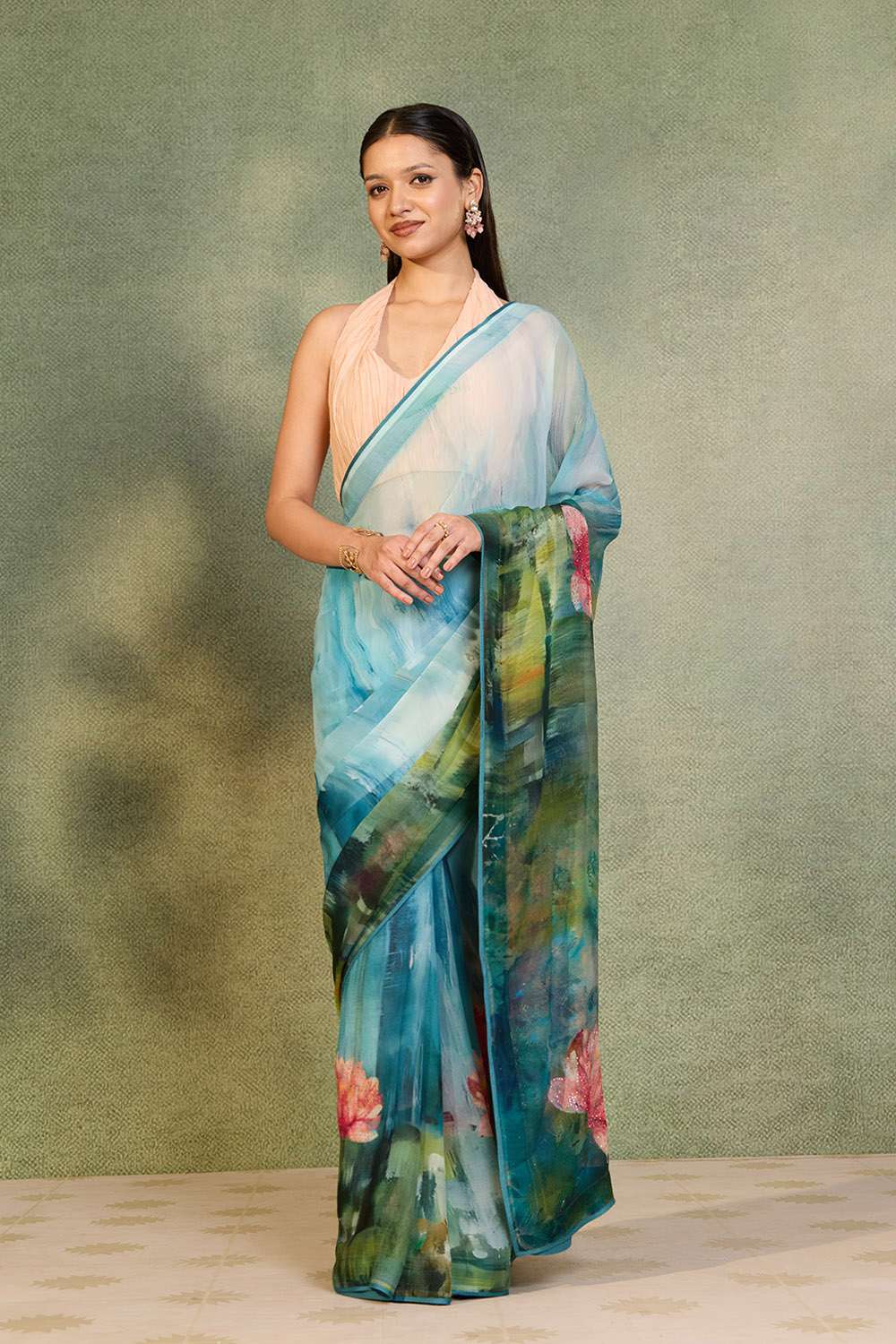 Light Blue Printed Viscose Chiffon Saree image number null