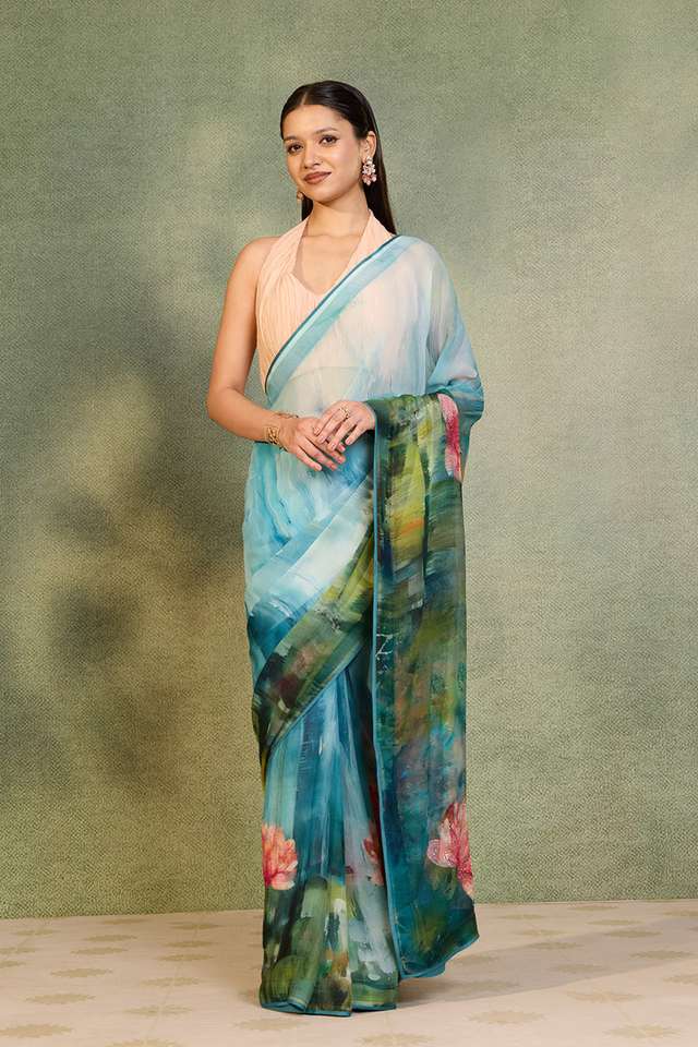 Light Blue Printed Viscose Chiffon Saree image number