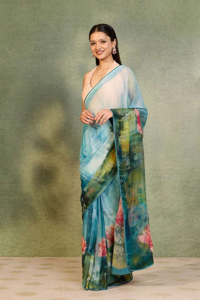 Light Blue Printed Viscose Chiffon Saree thumbnail image number null