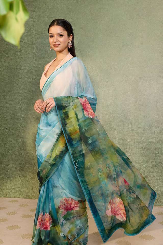 Light Blue Printed Viscose Chiffon Saree thumbnail image number null