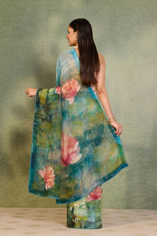 Light Blue Printed Viscose Chiffon Saree thumbnail image number null