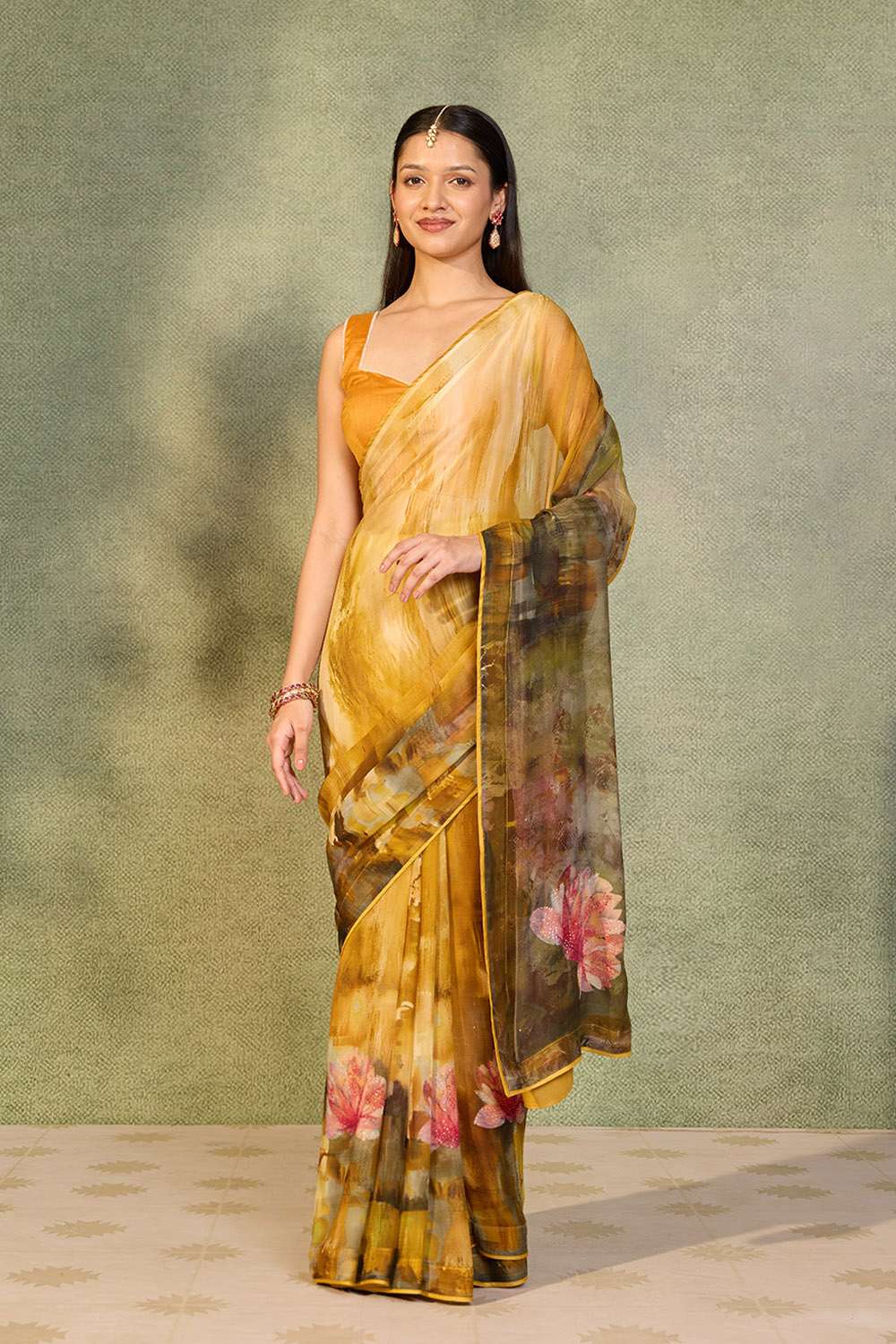Yellow Printed Viscose Chiffon Saree image number null