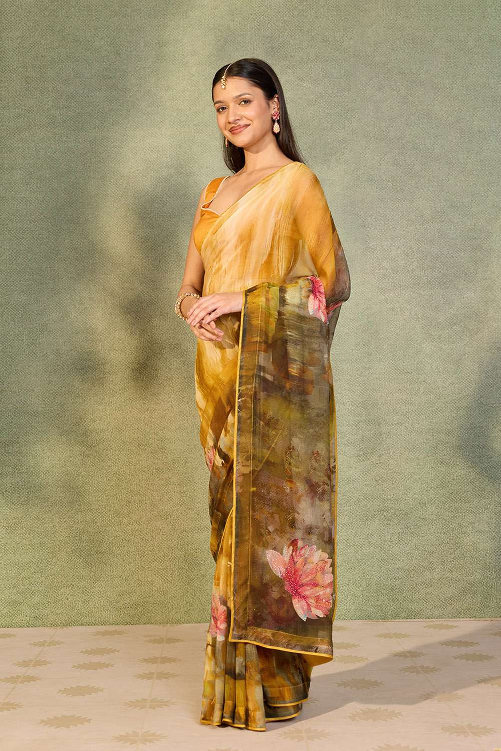 Yellow Printed Viscose Chiffon Saree image number null