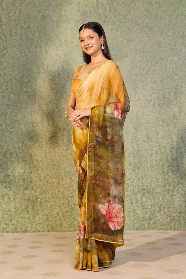 Yellow Printed Viscose Chiffon Saree thumbnail image number null
