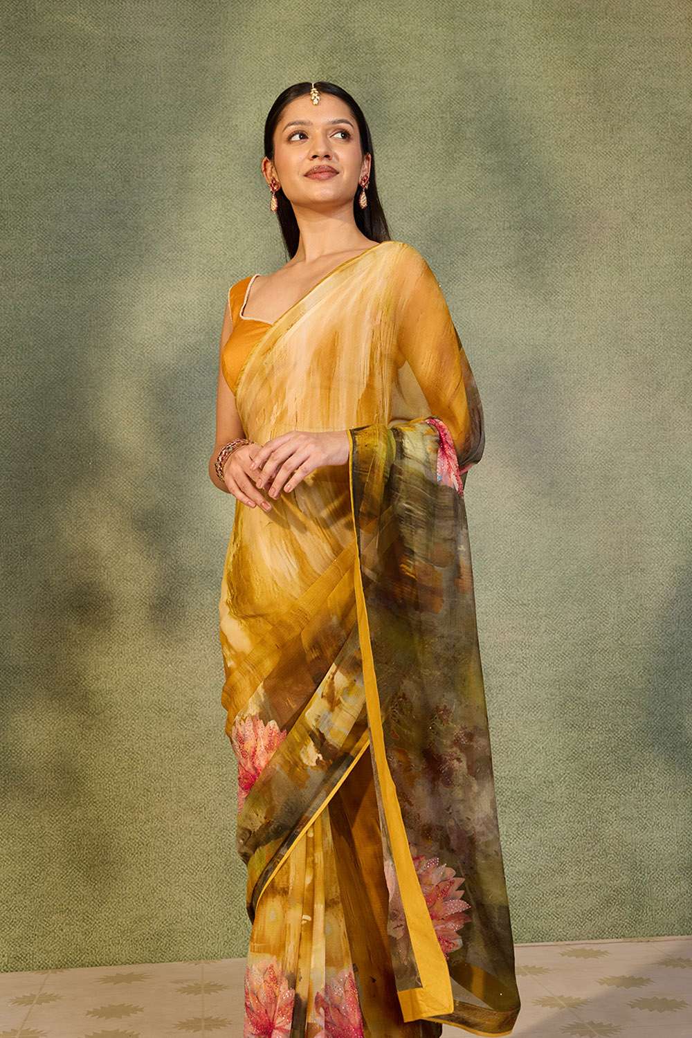 Yellow Printed Viscose Chiffon Saree image number null