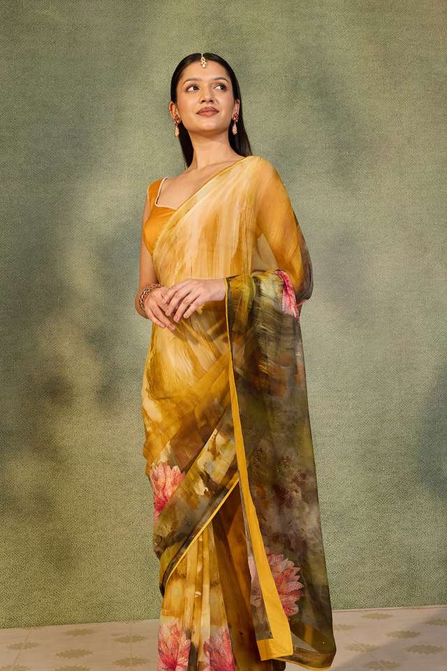 Yellow Printed Viscose Chiffon Saree thumbnail image number null