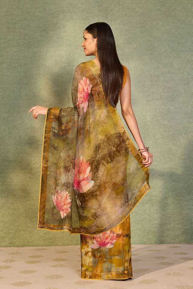 Yellow Printed Viscose Chiffon Saree thumbnail image number null