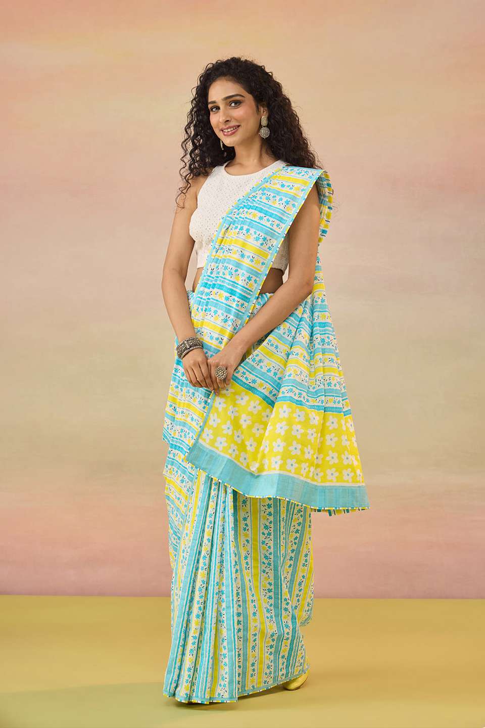 Light Blue Screen Printed Bengal Pure Cotton Saree