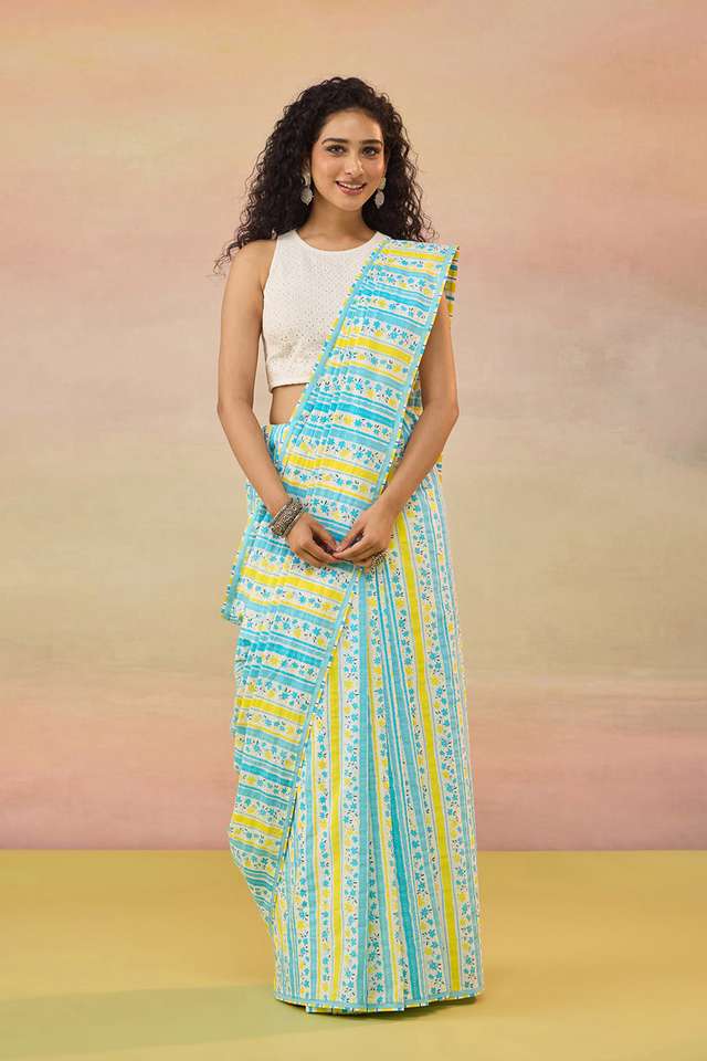 Light Blue Screen Printed Bengal Pure Cotton Saree thumbnail image number null
