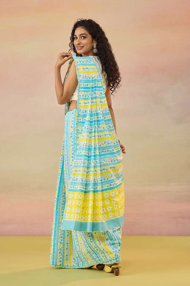 Light Blue Screen Printed Bengal Pure Cotton Saree thumbnail image number null