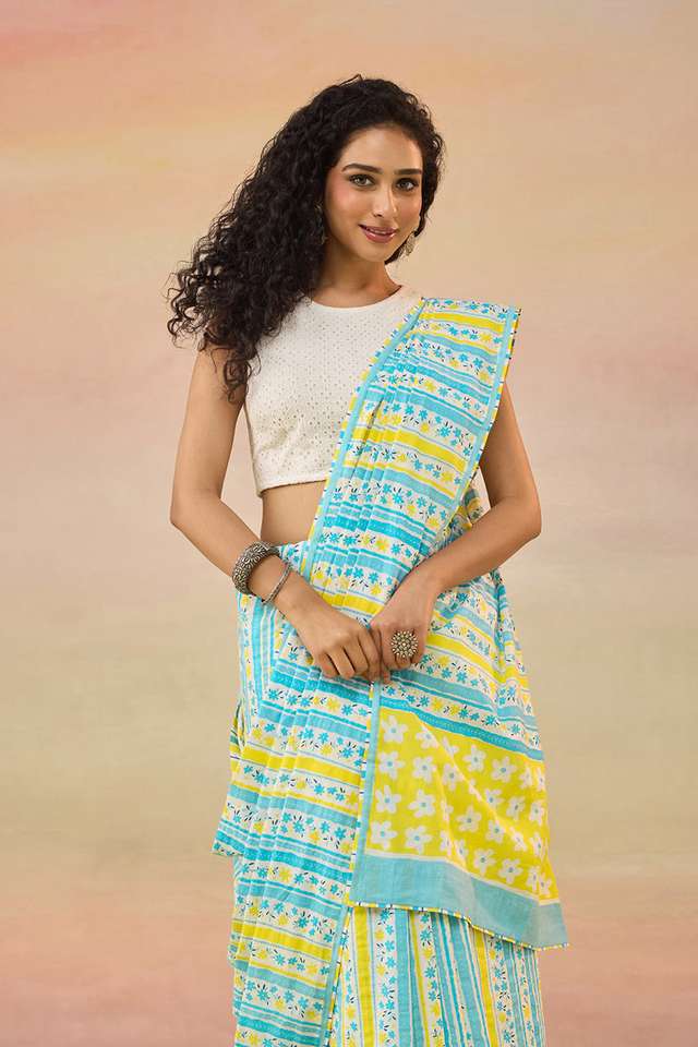 Light Blue Screen Printed Bengal Pure Cotton Saree thumbnail image number null