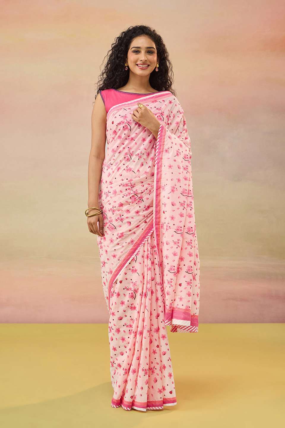 Light Pink Screen Printed Pure Cotton Saree