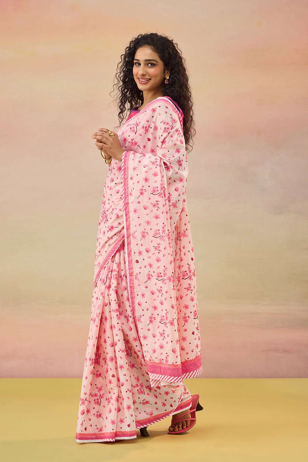 Light Pink Screen Printed Pure Cotton Saree image number null