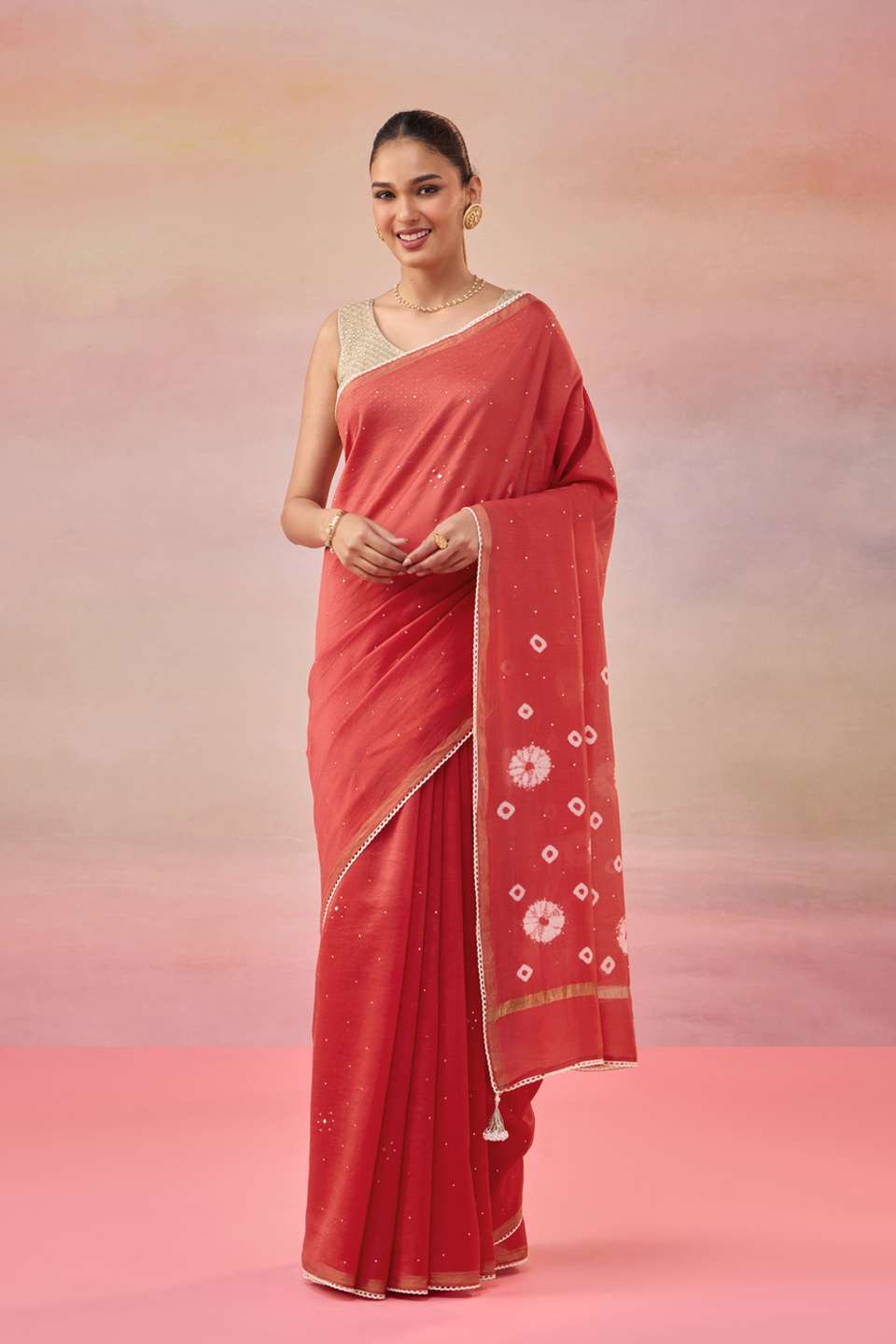 Red Gujarat Pure Silk Cotton Mukaish Saree