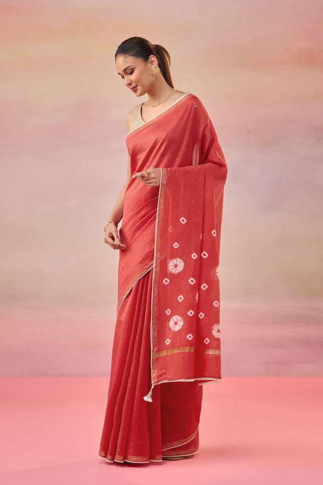 Red Gujarat Pure Silk Cotton Mukaish Saree thumbnail image number null