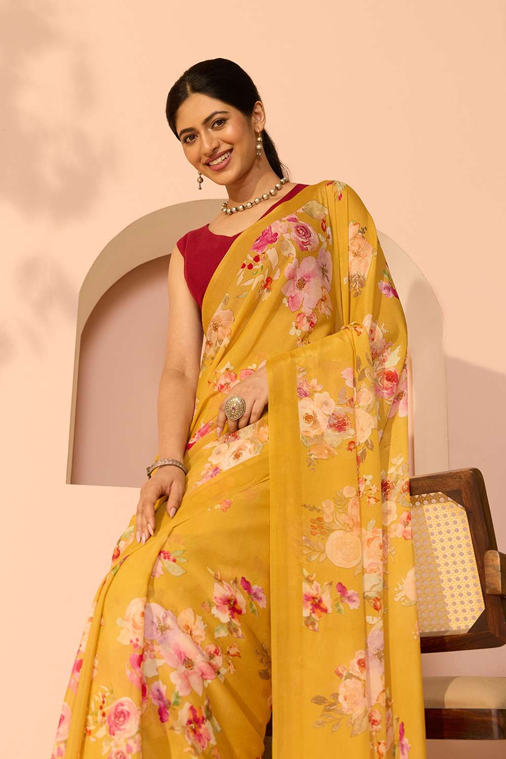 Yellow Printed Viscose Crepe Saree image number null