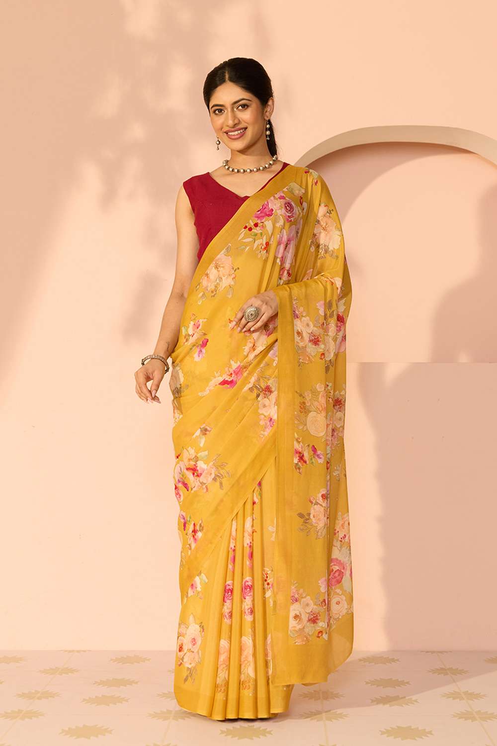 Yellow Printed Viscose Crepe Saree image number null