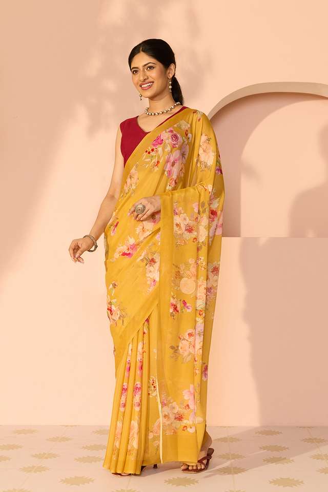 Yellow Printed Viscose Crepe Saree thumbnail image number null