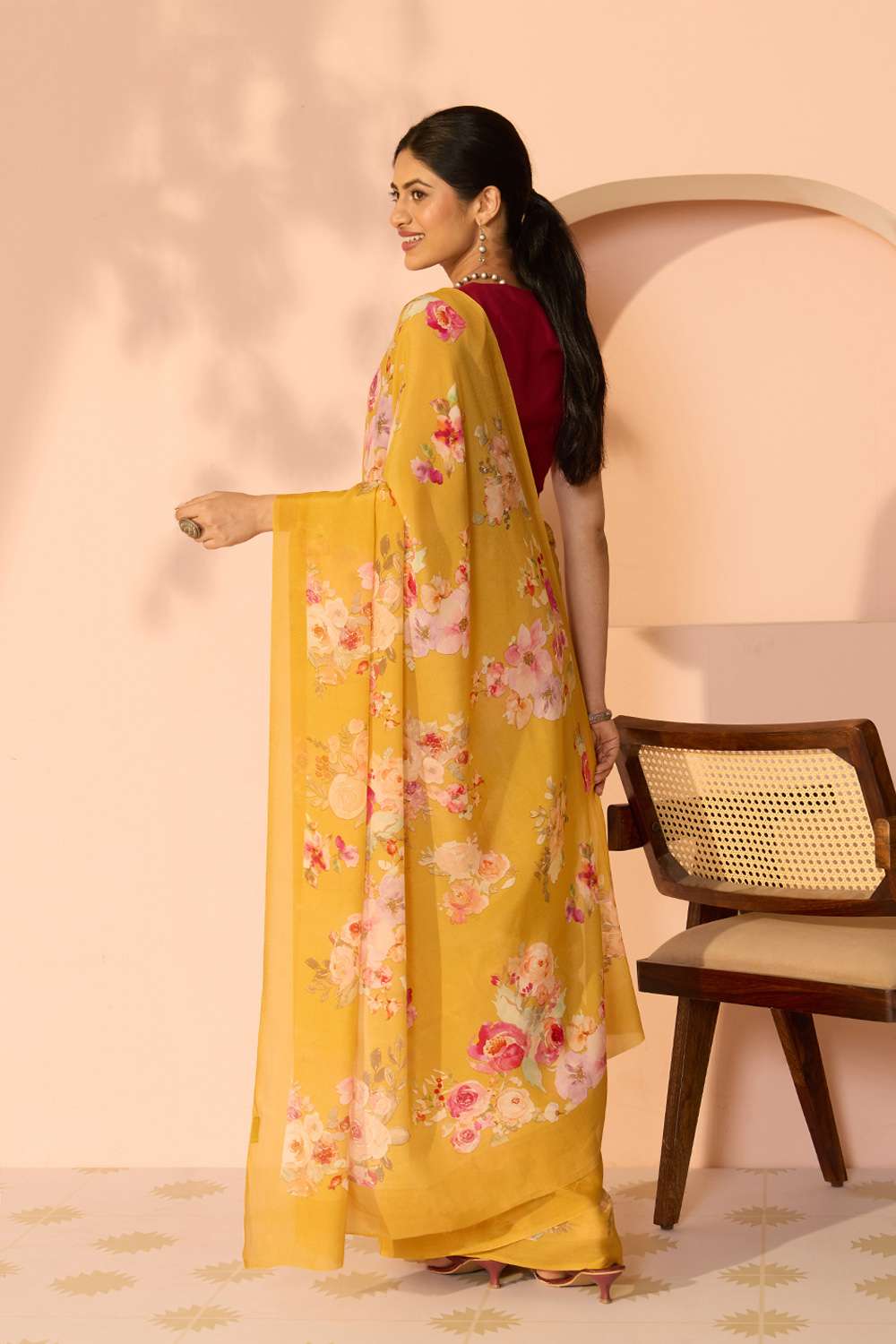 Yellow Printed Viscose Crepe Saree image number null