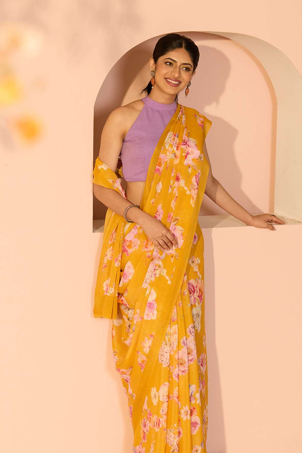 Yellow Printed Viscose Crepe Saree image number null