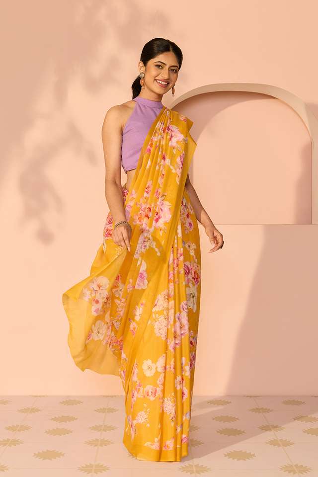 Yellow Printed Viscose Crepe Saree thumbnail image number null