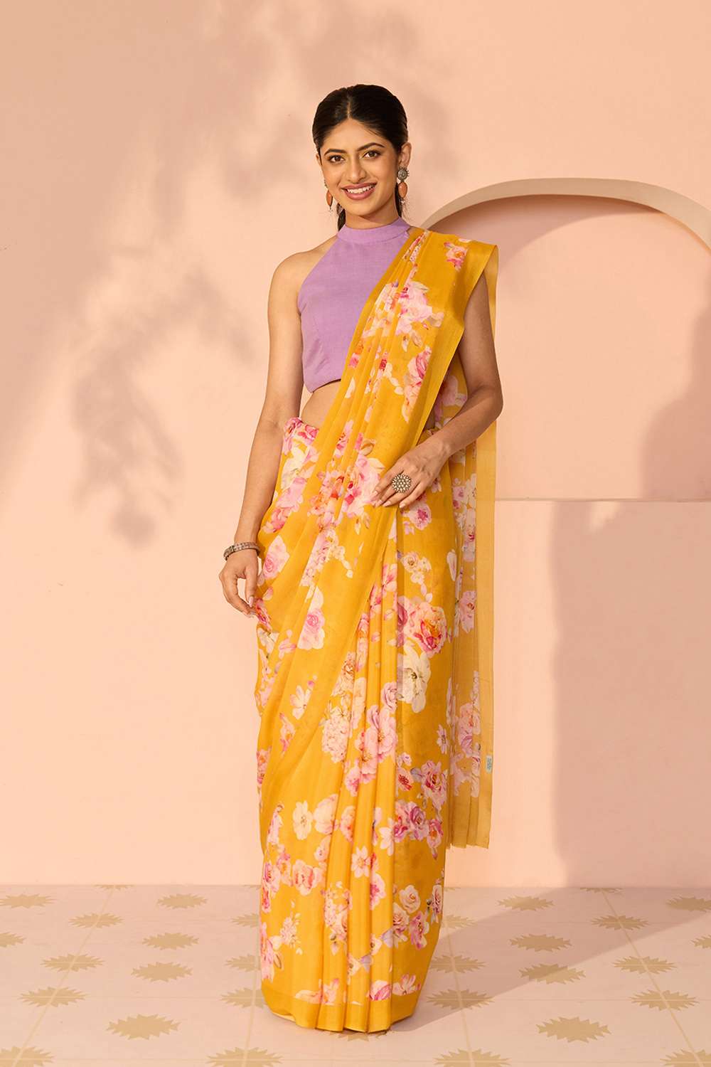 Yellow Printed Viscose Crepe Saree image number null