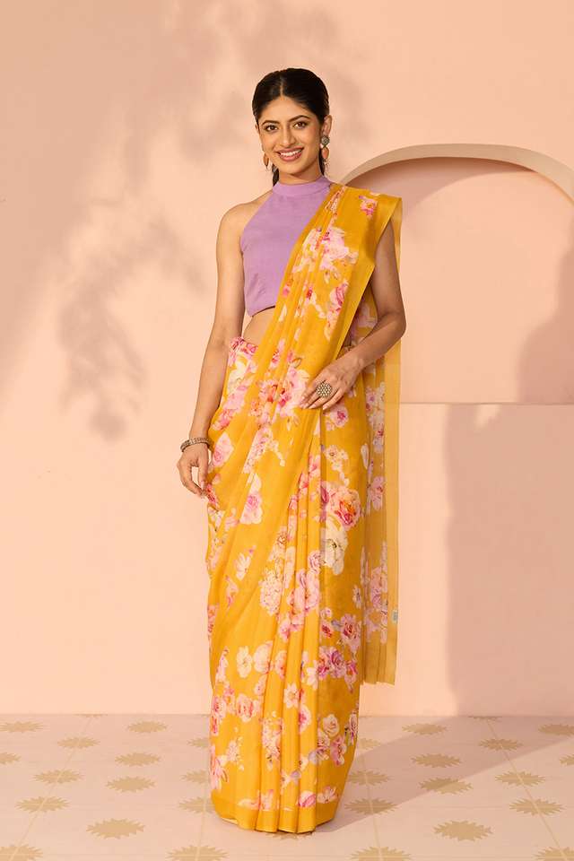 Yellow Printed Viscose Crepe Saree thumbnail image number null