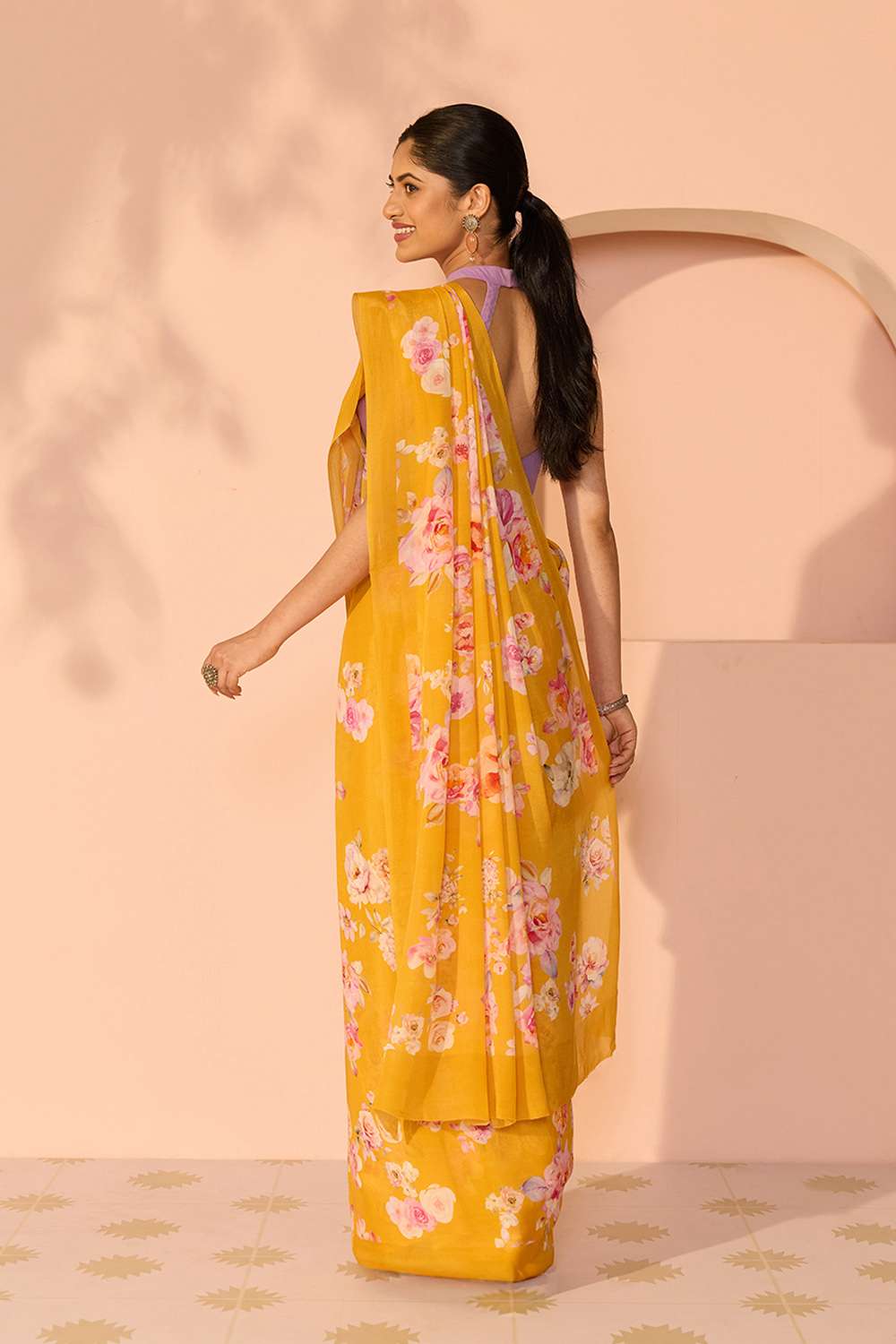 Yellow Printed Viscose Crepe Saree image number null