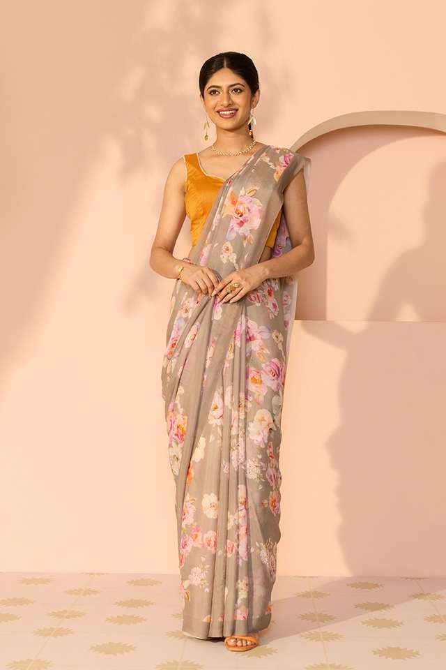 Grey Printed Viscose Crepe Saree thumbnail image number null