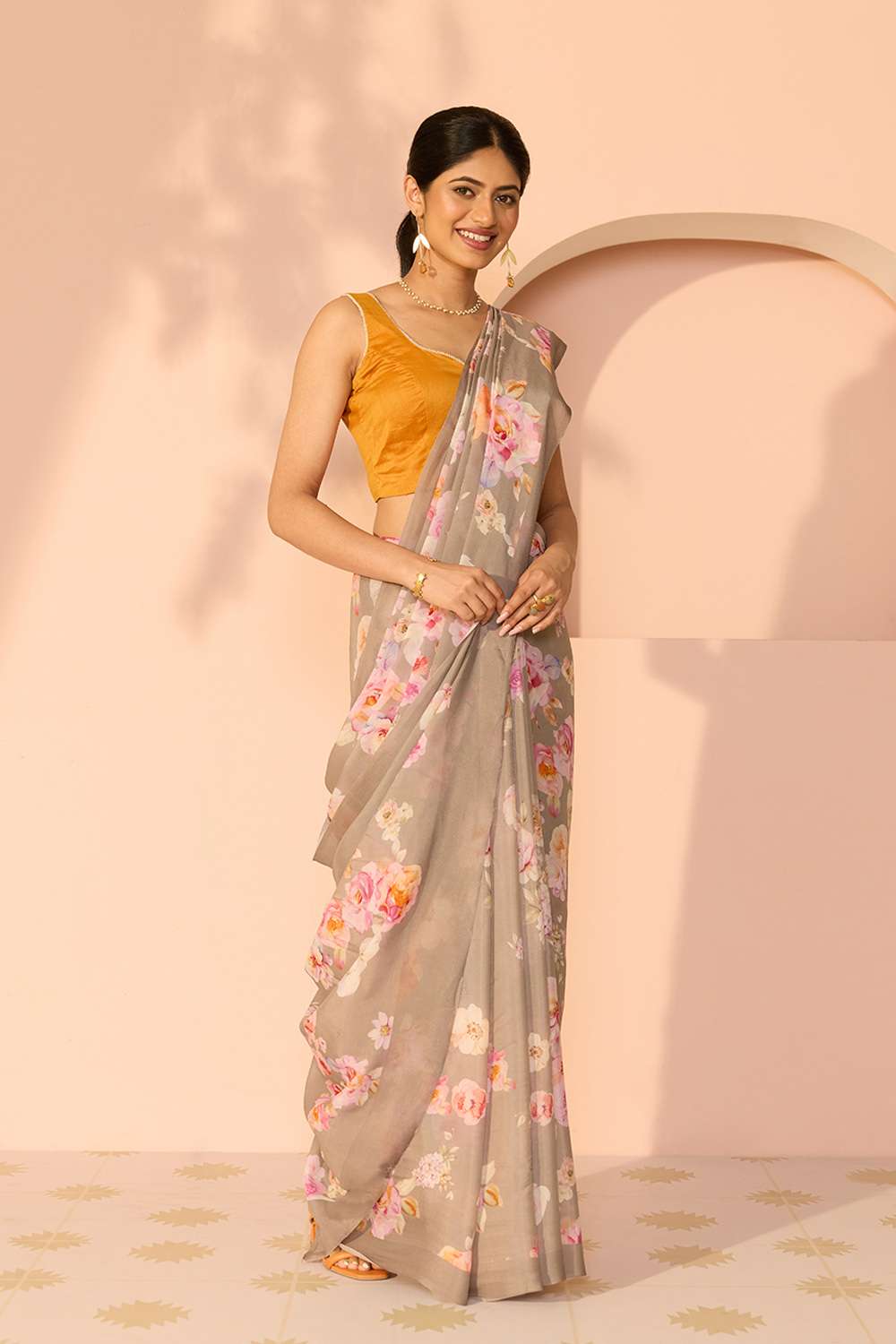 Grey Printed Viscose Crepe Saree image number null