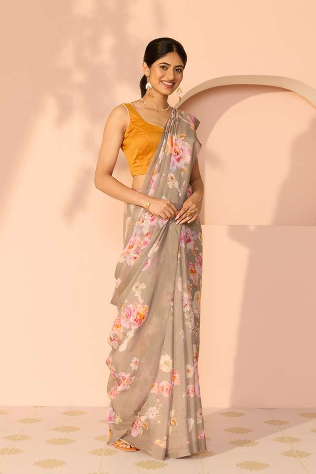 Grey Printed Viscose Crepe Saree thumbnail image number null