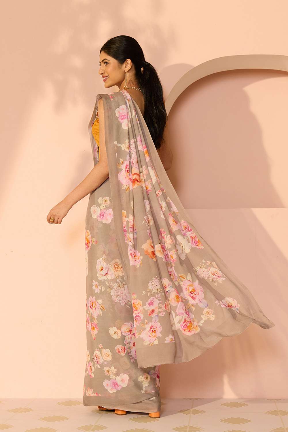 Grey Printed Viscose Crepe Saree image number null