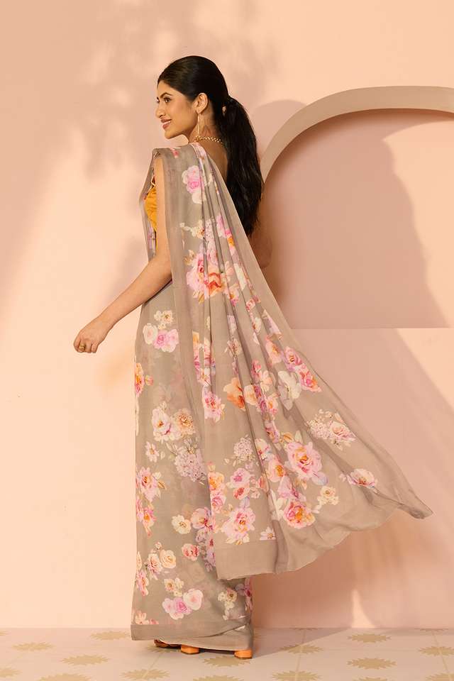 Grey Printed Viscose Crepe Saree thumbnail image number null