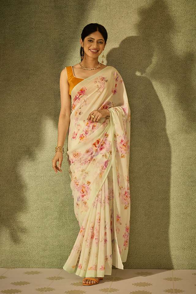 Light Green Printed Viscose Crepe Saree image number