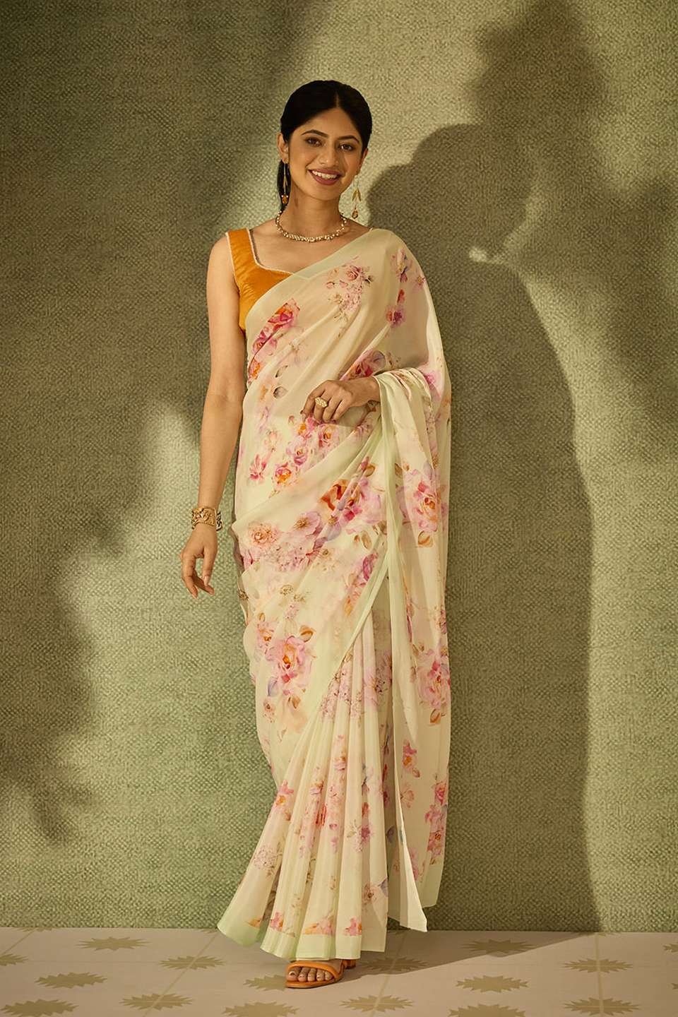 Light Green Printed Viscose Crepe Saree