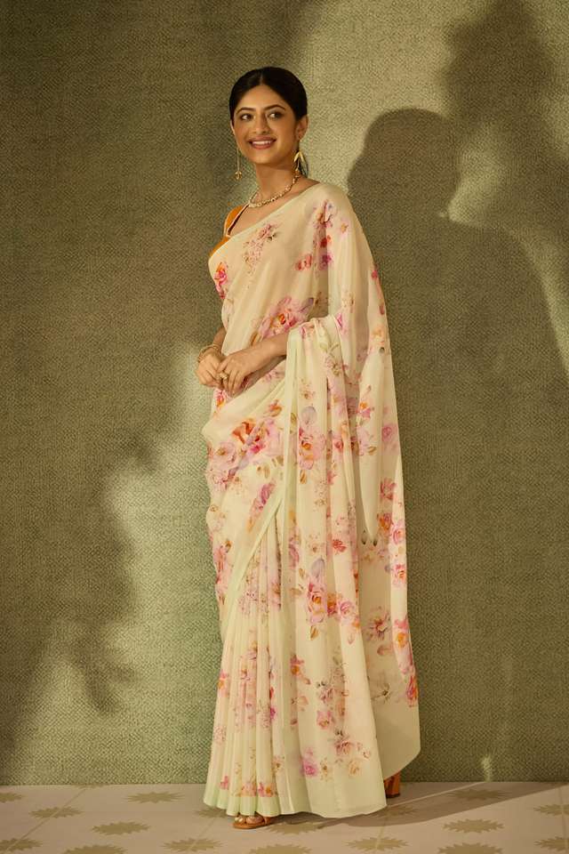 Light Green Printed Viscose Crepe Saree thumbnail image number null