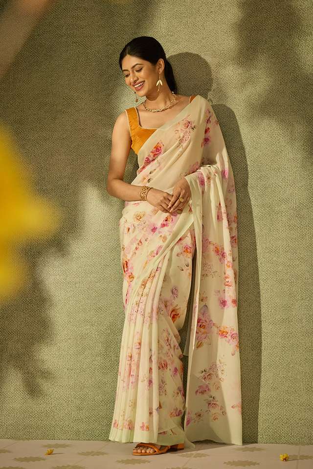 Light Green Printed Viscose Crepe Saree thumbnail image number null
