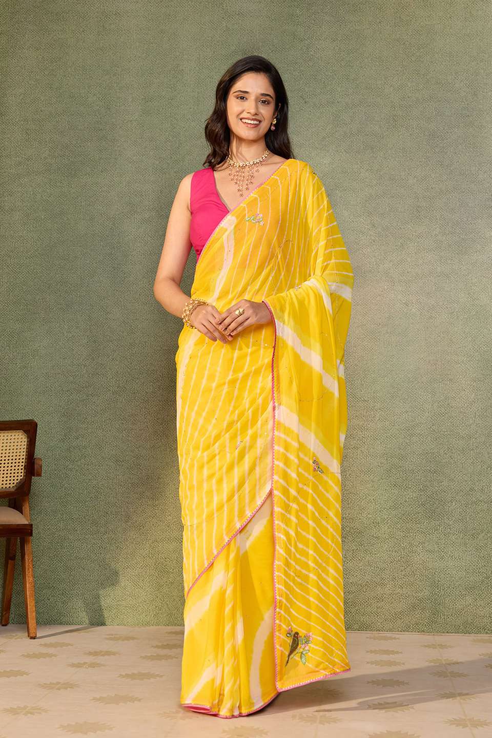 Yellow Viscose Georgette Embroidered Saree
